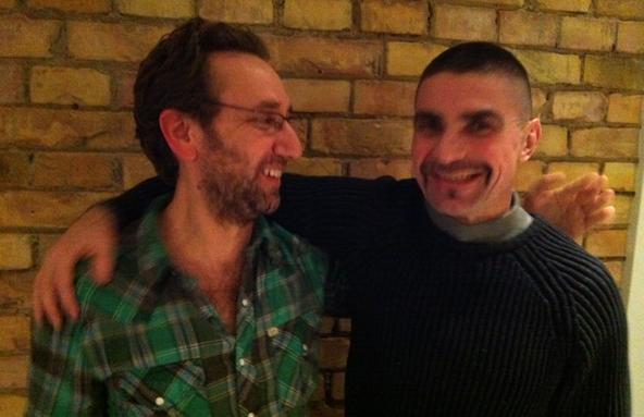 Julian Rubinstein and Attila Ambrus in Budapest, Feb 1, 2012, the day after Attila's release from prison.