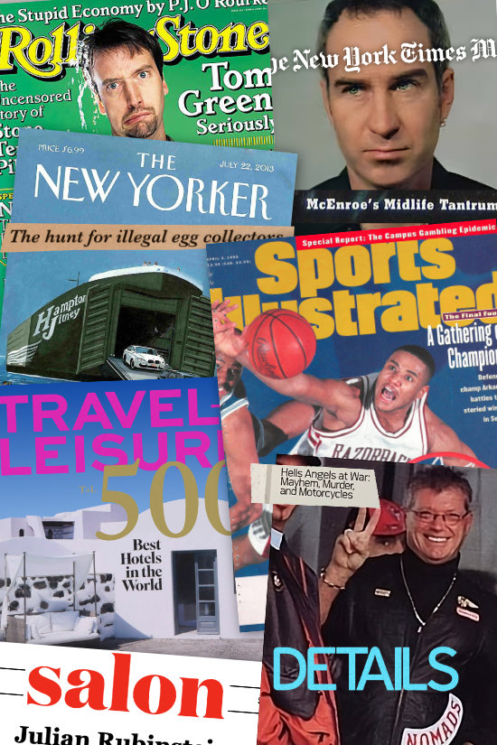 Collage of magazine covers: Rolling Stone, NY Times Magazine, New Yorker, Sports Illustrated, Travel+Leisure, Salon, Details